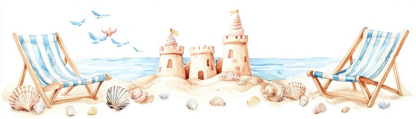 Fototapeta premium A serene beach scene featuring a sandcastle, seashells, and deck chairs, perfect for summer getaway inspiration.