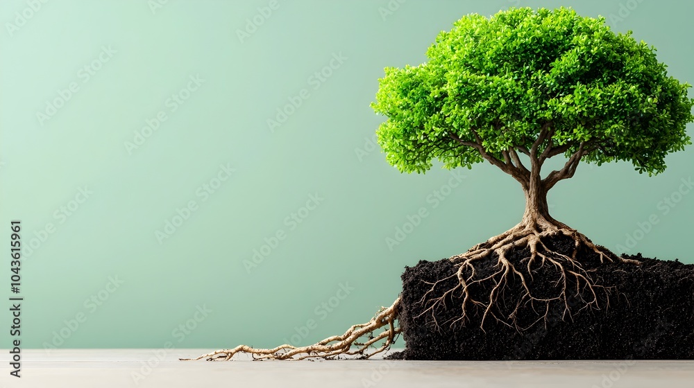Poster layered cross section of a potted bonsai tree with intricate root systems intertwining through the s