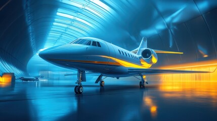A luxurious private jet showcased in a contemporary hangar illuminated with vibrant blue and orange lights