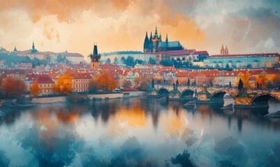 Fototapeta premium Watercolor Prague scenic spring aerial view of the Prague Old Town pier architecture Charles Bridge over Vltava river in Prague, Czechia.