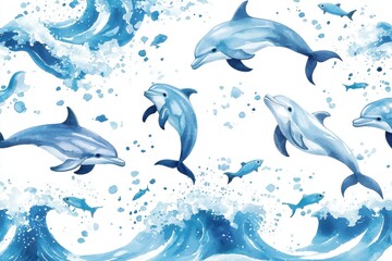 Fototapeta premium Colorful pattern featuring playful dolphins swimming among waves, creating a lively ocean scene full of joy and energy.