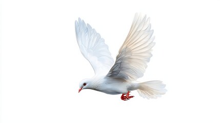 Fototapeta premium A graceful white bird in flight, symbolizing peace and freedom, captured against a clean white background.