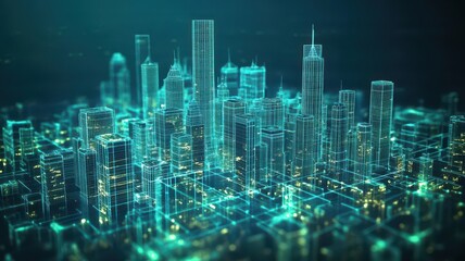 Obraz premium Aerial view of a metropolis skyline made entirely from wireframes, the city s grid layout illuminated with soft blue and green lights, digital aesthetic
