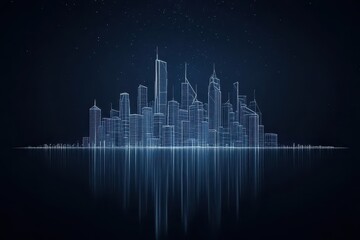 Obraz premium Digital illustration of a futuristic city skyline with blue neon outlines and reflective light effects, creating a modern and sci-fi atmosphere