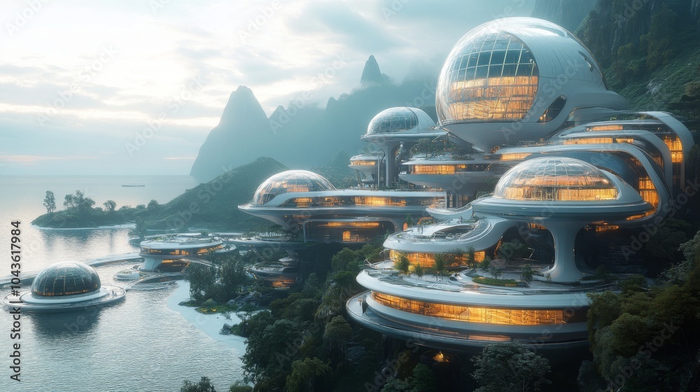 Poster Innovative architectural designs feature rounded buildings set against a serene coastline, illuminated in the soft glow of twilight with mountains in the background.
