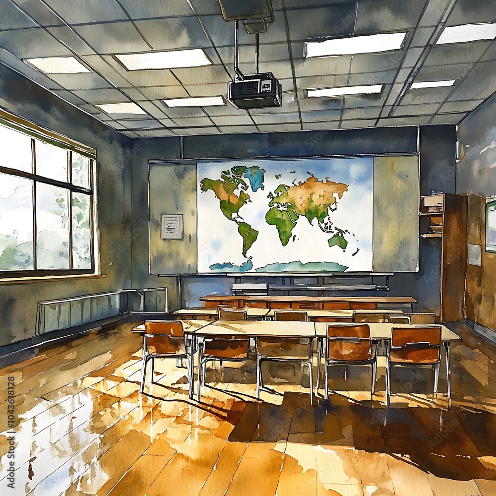 Sticker Empty Classroom with World Map on the Wall.