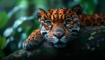 Obraz premium Majestic Jaguar Relaxing on Tree Branch with Sunlight Filtering Through Leaves - Medium Shot
