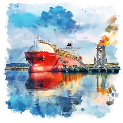Obraz premium Watercolor illustration of a red oil tanker docked at a refinery with a flare stack burning.