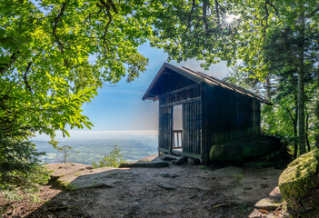 Alsatian wine route. Panoramic view of Eslberg shelter and the plain from Mont Sainte-Odile.