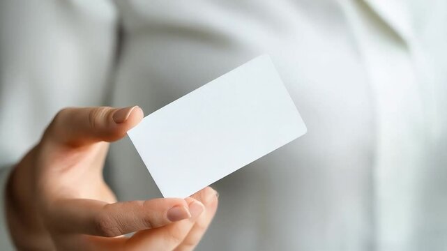 Woman holding a blank business card close-up