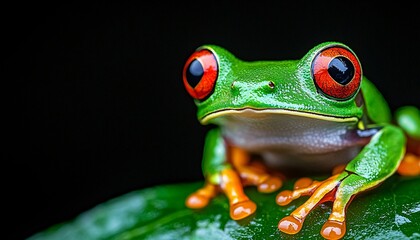 Fototapeta premium Vibrant Red-Eyed Tree Frog Close Up on Wet Leaf - Tropical Rainforest Wildlife
