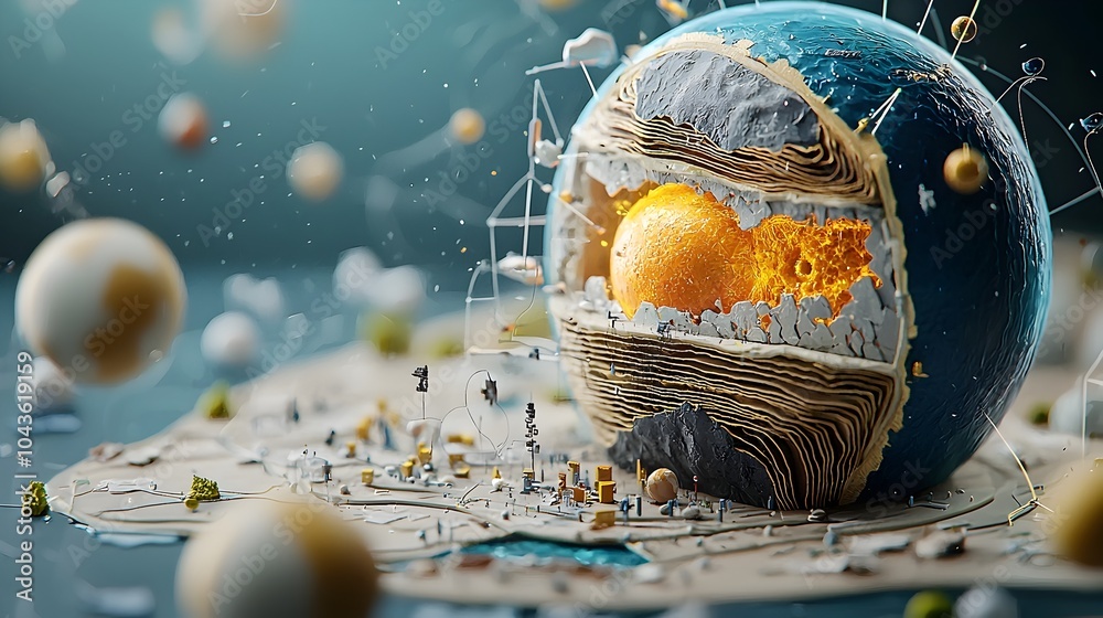 Poster Stylized 3D cross section of a planet Earth model showcasing the core layers tectonic plates and ocean levels in a visually compelling and informative graphic design