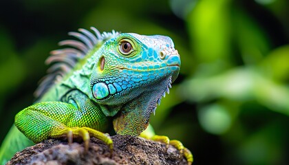 Obraz premium Majestic Green Iguana Lounging on Sunlit Rock amid Lush Tropical Foliage - Serene Nature Scene in Close-up View