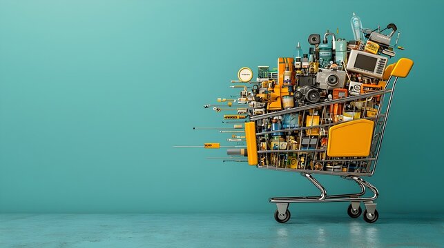 Transparent 3D cross section of a shopping cart revealing the internal structure and organized product layers categorized by type such as electronics and groceries