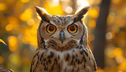 Eagle owl perching on branch in autumn forest generated by AI
