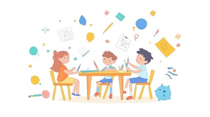 children drawing illustrations, kids creating colorful drawings and sharing their creativity in a fun space