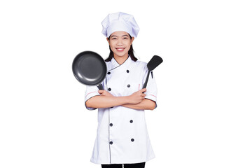 Portrait asian woman chef in uniform smiling isolated transparent