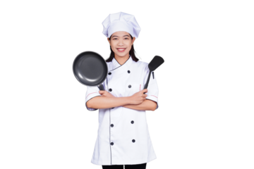 Portrait asian woman chef in uniform smiling isolated transparent