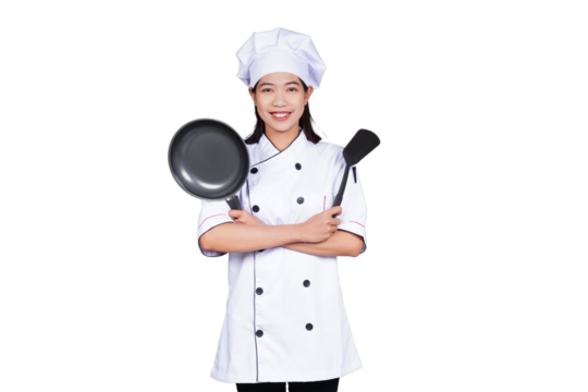 Portrait asian woman chef in uniform smiling isolated transparent