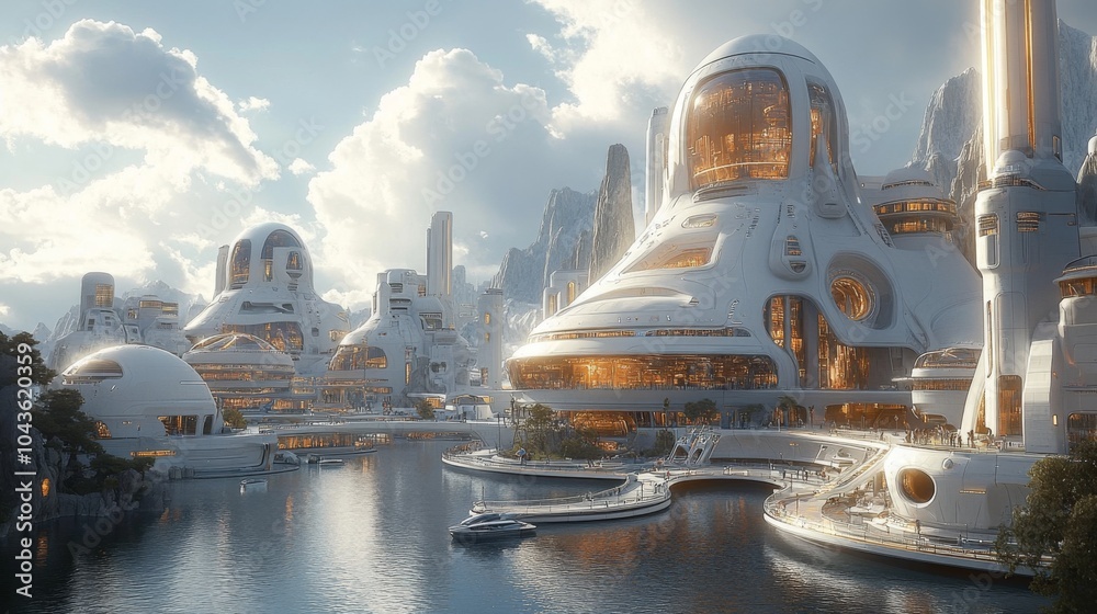Poster a tranquil river flows through an advanced city filled with innovative buildings, harmonizing nature