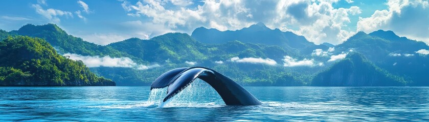 Obraz premium Whale combined with tropical bay and sky in the Philippines, faint clouds, copy space, vibrant colors