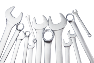 Spanners and wrenches isolated on white background. Close up. Top view.