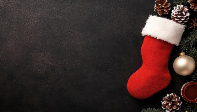 Festive red Christmas stocking with pine cones and decorations on dark background.