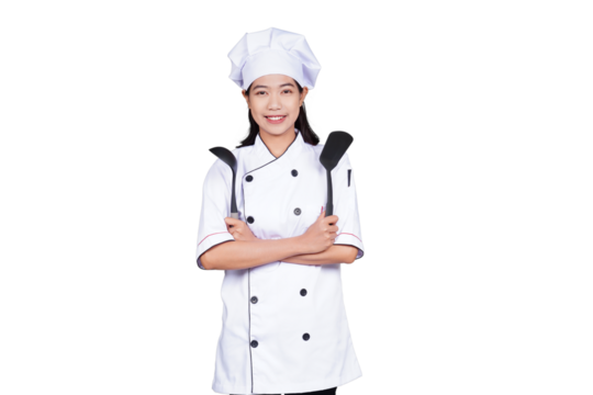 Portrait asian woman chef in uniform smiling isolated transparent