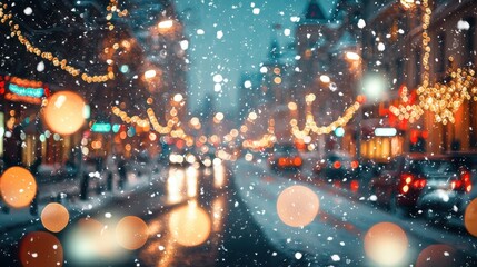 Magical winter snow fall and city lights. blurred background city street with Christmas...