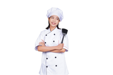 Portrait asian woman chef in uniform smiling isolated transparent