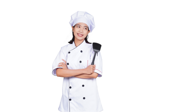 Portrait asian woman chef in uniform smiling isolated transparent