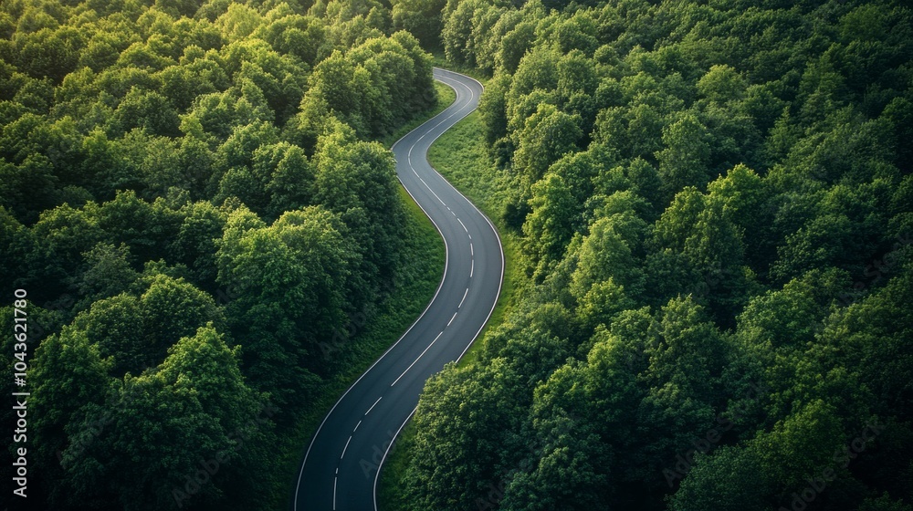 Poster a winding road through a forest with trees on both sides
