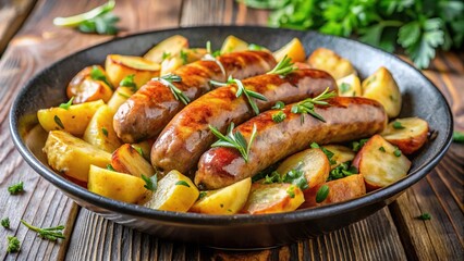 Russian national dish of sausages and potatoes frying in a pan