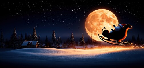 Naklejka premium Santa Claus riding a sleigh under a full moon, snowy landscape at night.