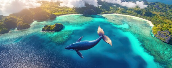 Obraz premium Whale form overlaying tropical bay of the Philippines, faint clouds, copy space, bright and vibrant tones