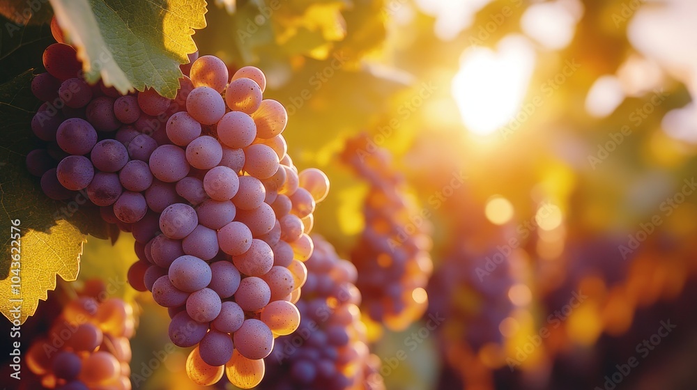 Wall mural close-up of ripe red grapes on a vine with the sun setting in the background.
