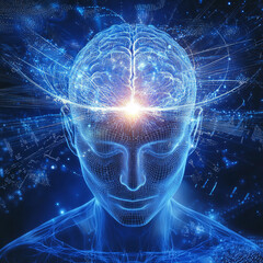 Digital Visualization of Human Brain with Glowing Neural Connections and Radiating Energy, Representing Intelligence and Neural Activity