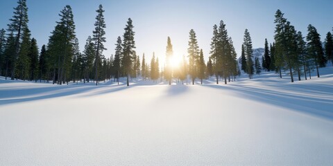 Sunrise over snowy landscape with evergreen trees and clear blue sky.