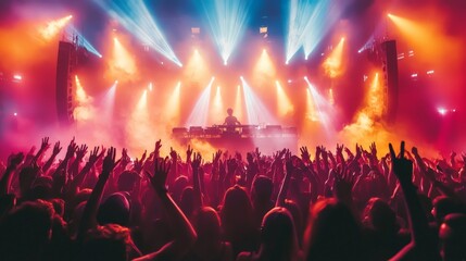 DJ performing on stage in a packed nightclub, crowd raising their hands and enjoying the music,