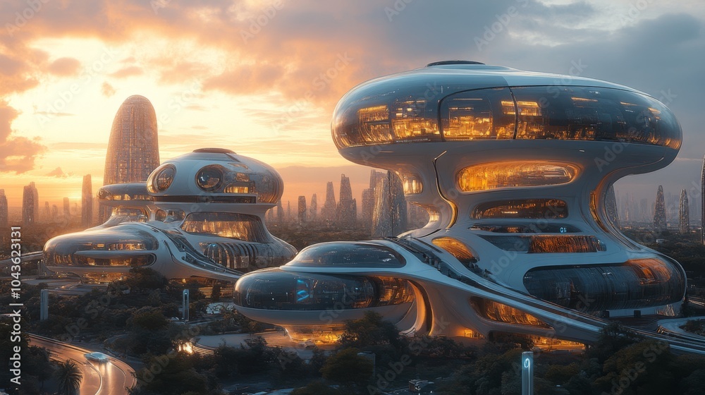 Poster the image captures an imaginative cityscape at sunset, featuring futuristic buildings with unique or