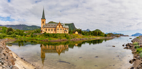 Panoramic view of the Lofoten Cathedral Vagan Church in Kabelvag (Lofoten, Norway)