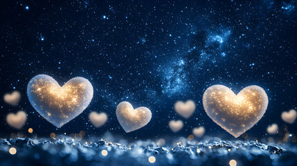 Obraz premium White Glowing Hearts Floating on a Deep Starry Night Background