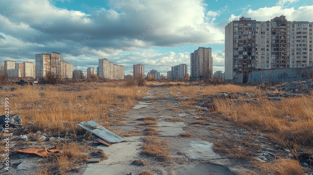 Poster a desolate cityscape with a road in the middle of a field