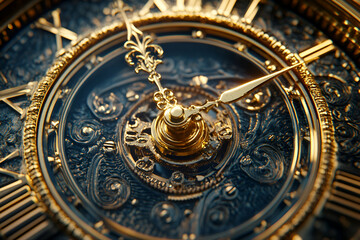 Obraz premium A close-up of a vintage clock face, showcasing intricate gold detailing and elegant clock hands on a dark blue background.