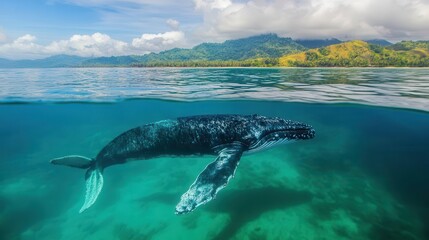 Naklejka premium Whale infused with a vibrant bay in the Philippines, slight clouds, copy space, lively tropical tones