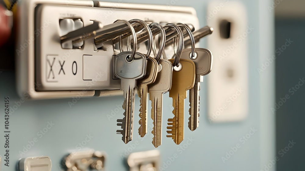 Aufkleber a close up view of a rack with various x ray room access keys hanging and labeled with room numbers 