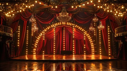 grand circus stage with vibrant red curtains and sparkling chandeliers creates dramatic and enchanting atmosphere. wooden floor reflects warm glow of numerous lights