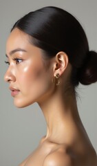 Elegant woman with sleek bun hairstyle and gold hoop earrings in side profile