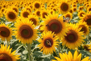 Fototapeta premium In vast sunflower fields pollinators like bees and butterflies c