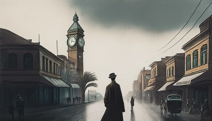 treet of Lagos in 1930 with a figure with black overcoat looking toward lagos cathedral  clock tower in lagos 